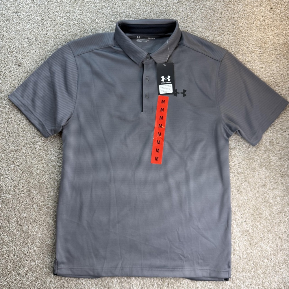 Under Armour Tech Polo Shirt Mens M Gray Stripe Short Sleeve Performance Top
